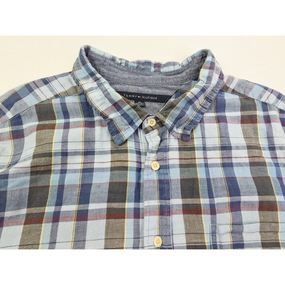Tommy Hilfiger Size 4XL Mens Multi Check Short Sleeve Logo Linen Cotton Shirt - Picture 8 of 11
